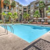 a pool in a courtyard with palm trees and buildings in the background